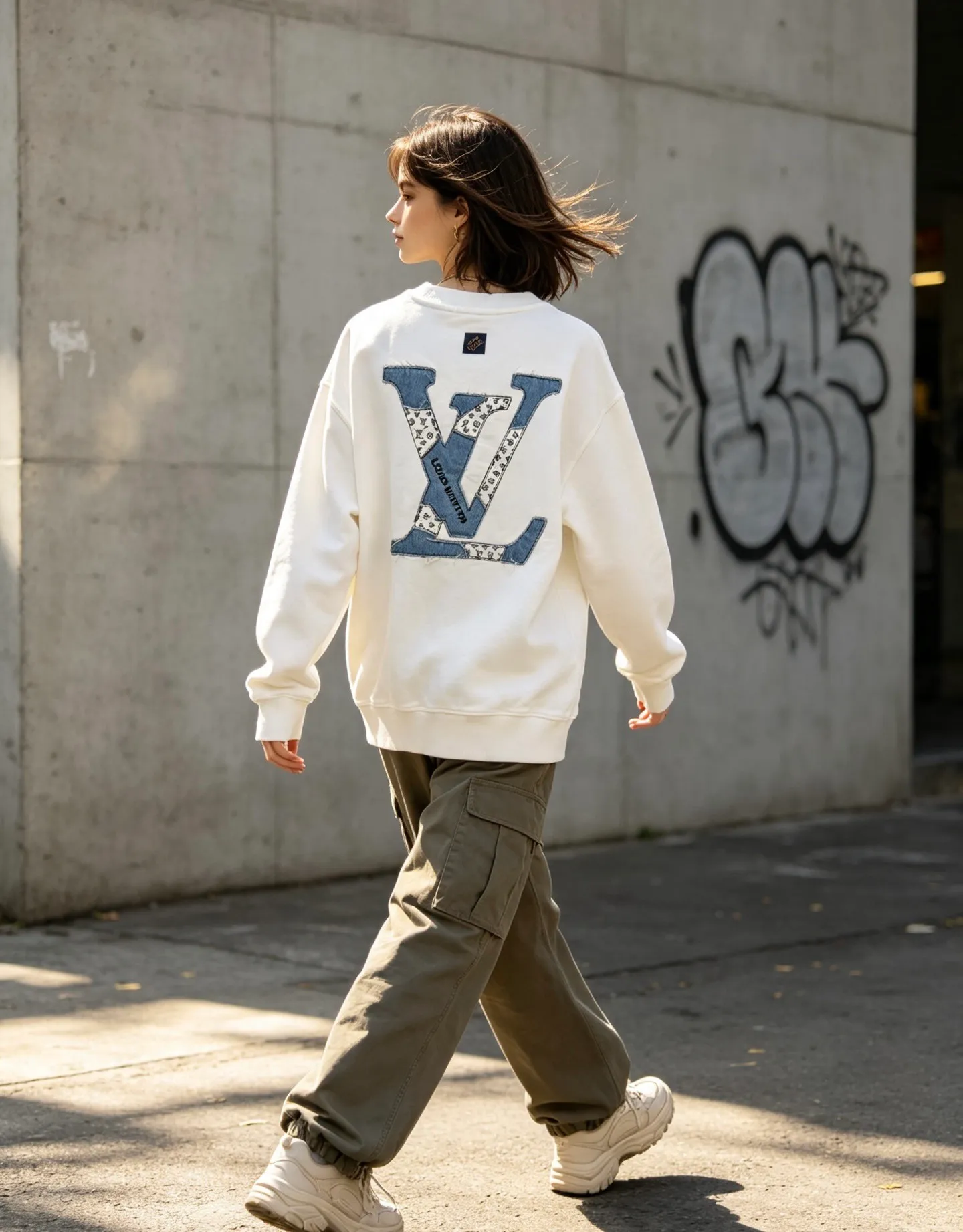 Louis Vuitton/Louis Vuitton denim patch letter embroidered crew neck sweatshirt
